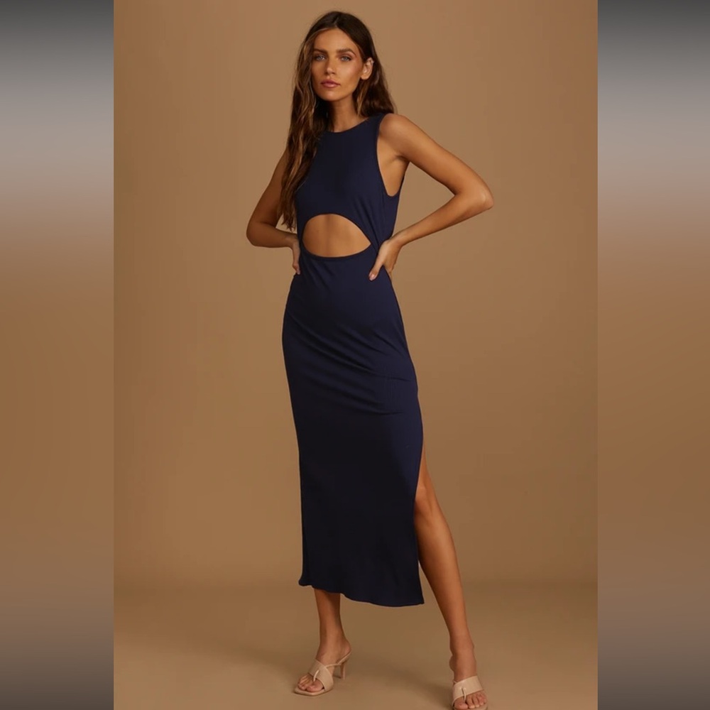 Lulu’s Cut to the Feeling Navy Blue Ribbed Cutout Bodycon Midi Dress
